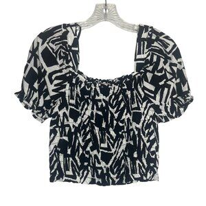 Monteau Shirt Smocked Puff Sleeves Womens Large Black White New Cropped